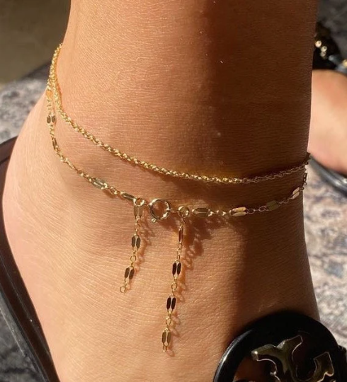 Lace Chain Anklet | Reflective Bar Chain with Double Dangle Detail